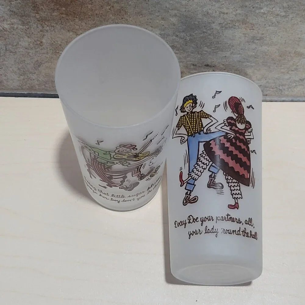 Vintage Square Dance Highball Federal Frosted Glass Tumblers Set of 2
